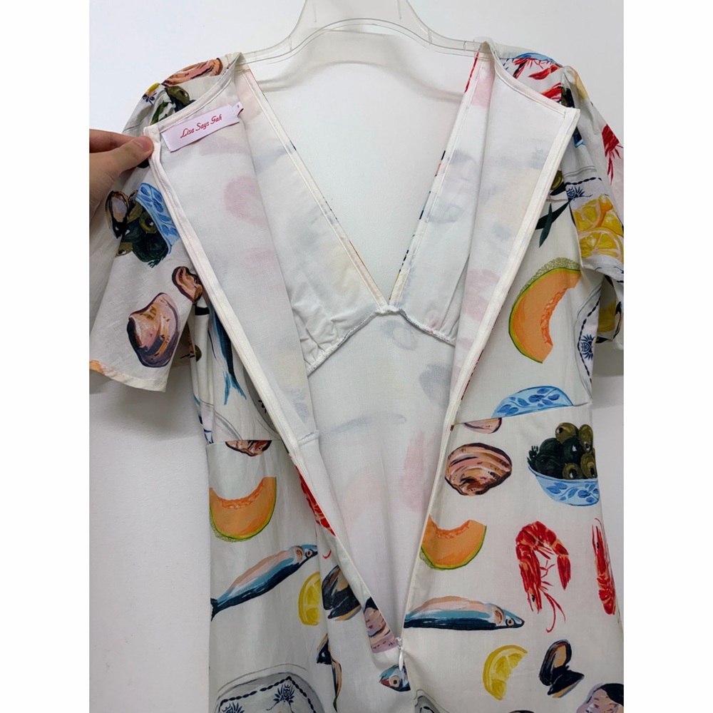 Lisa Says Gah Grace Food Print Midi Dress Tapas Ivory Lemon Olive Fruit S - Picture 14 of 16
